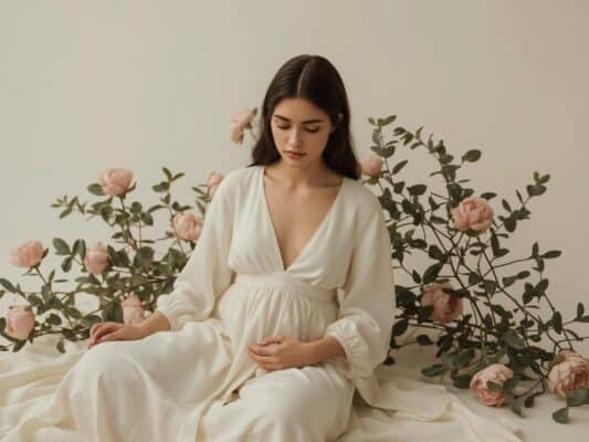 Friedliche Frau in cremefarbenem Kleid mit Händen auf dem Bauch, umgeben von rosa Pfingstrosen, symbolisiert Kinderwunsch und Hoffnung