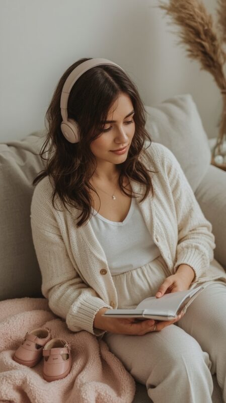 Entspannte Frau in Meditation für Kinderwunsch-Hypnose, friedliche Pose in warmem Ambiente, Babywunsch-Entspannung