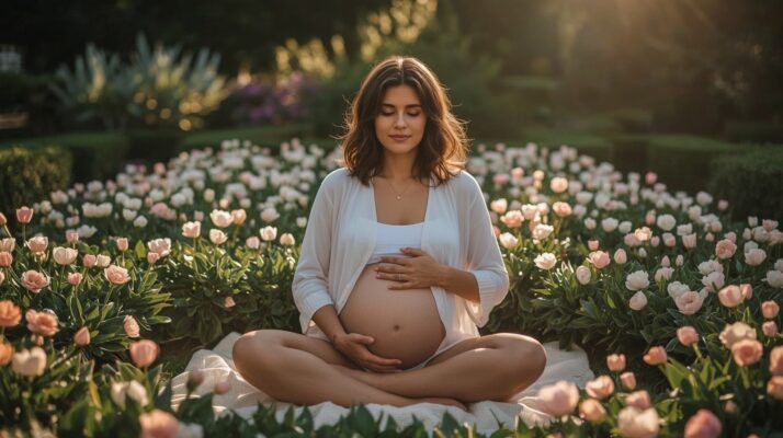 Schwangere Frau in Meditation zur Stärkung der Verbindung zu Zyklus und Weiblichkeit mit RTT