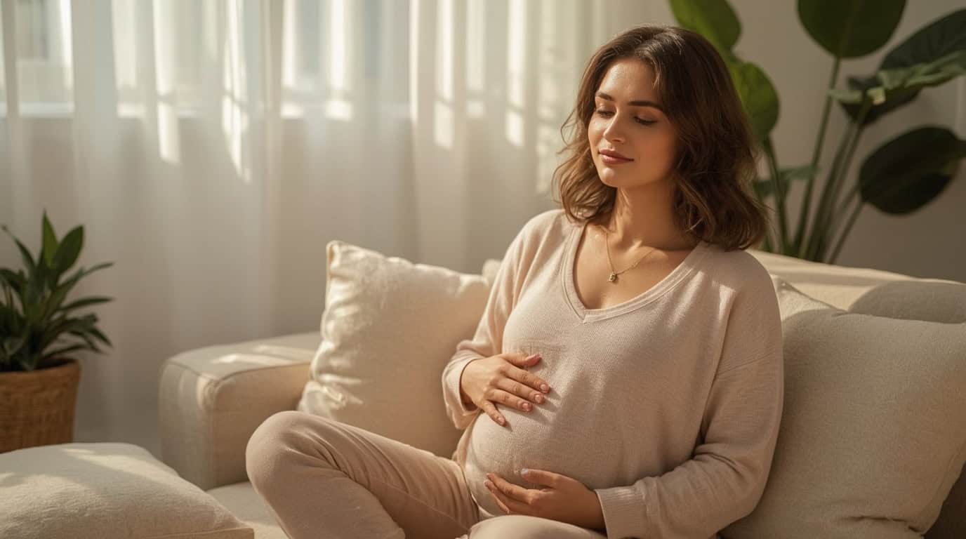 Frau meditiert friedlich mit Händen auf dem Bauch, symbolisiert Kinderwunsch Hypnose und RTT-Methode für emotionale Unterstützung bei Babywunsch