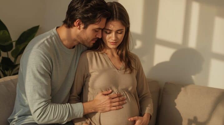 Paar umarmt sich liebevoll während Kinderwunsch RTT-Sitzung – emotionale Unterstützung und Mentaltraining für unerfüllten Babywunsch