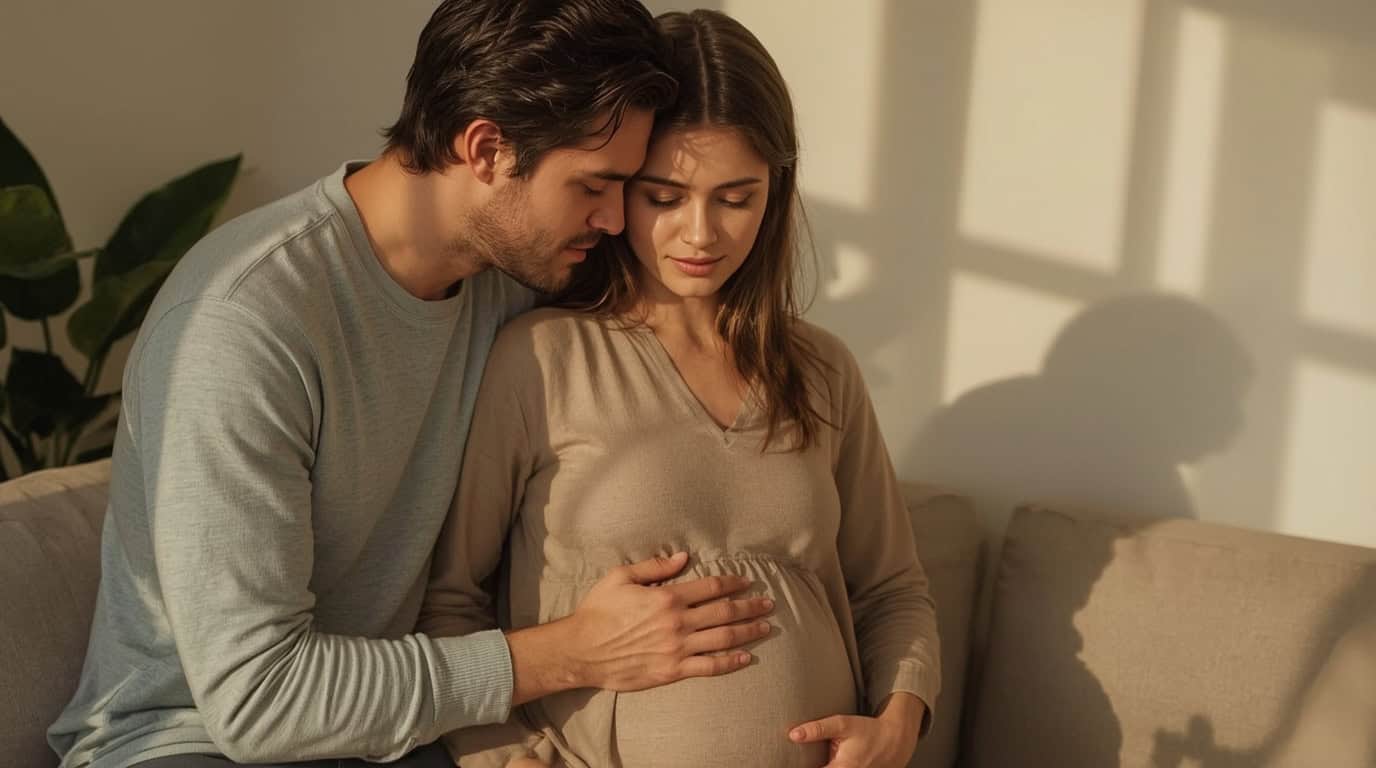 Paar umarmt sich liebevoll während Kinderwunsch RTT-Sitzung – emotionale Unterstützung und Mentaltraining für unerfüllten Babywunsch