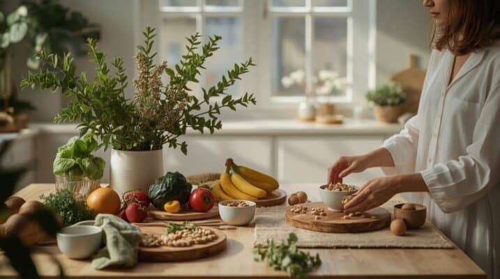 Frau bereitet fruchtbarkeitssteigernde Ernährung für Kinderwunsch mit frischem Gemüse und Obst zu